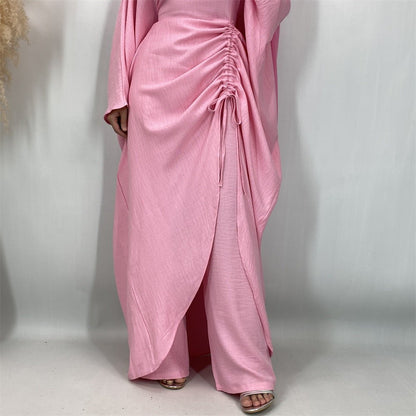 Ruched Drawstring Batwing Top & Wide-Leg Trousers Co-ord Set