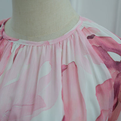 Watercolour Print Double-Layer Flared-Sleeve Maxi Dress