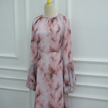 Watercolour Print Double-Layer Flared-Sleeve Maxi Dress