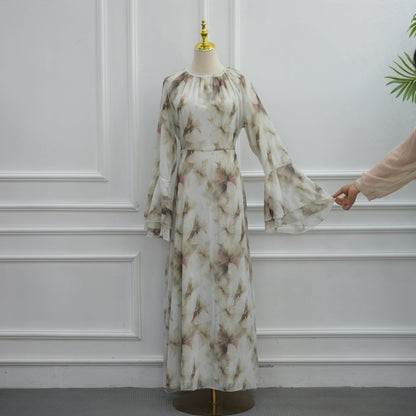 Watercolour Print Double-Layer Flared-Sleeve Maxi Dress