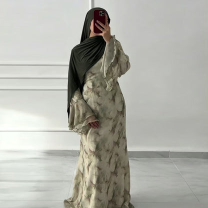 Watercolour Print Double-Layer Flared-Sleeve Maxi Dress