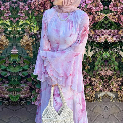 Watercolour Print Double-Layer Flared-Sleeve Maxi Dress