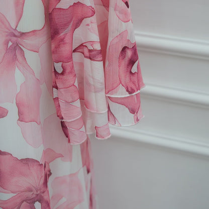 Watercolour Print Double-Layer Flared-Sleeve Maxi Dress